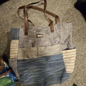 Striped Patchwork Tote Bag with Brown Handles